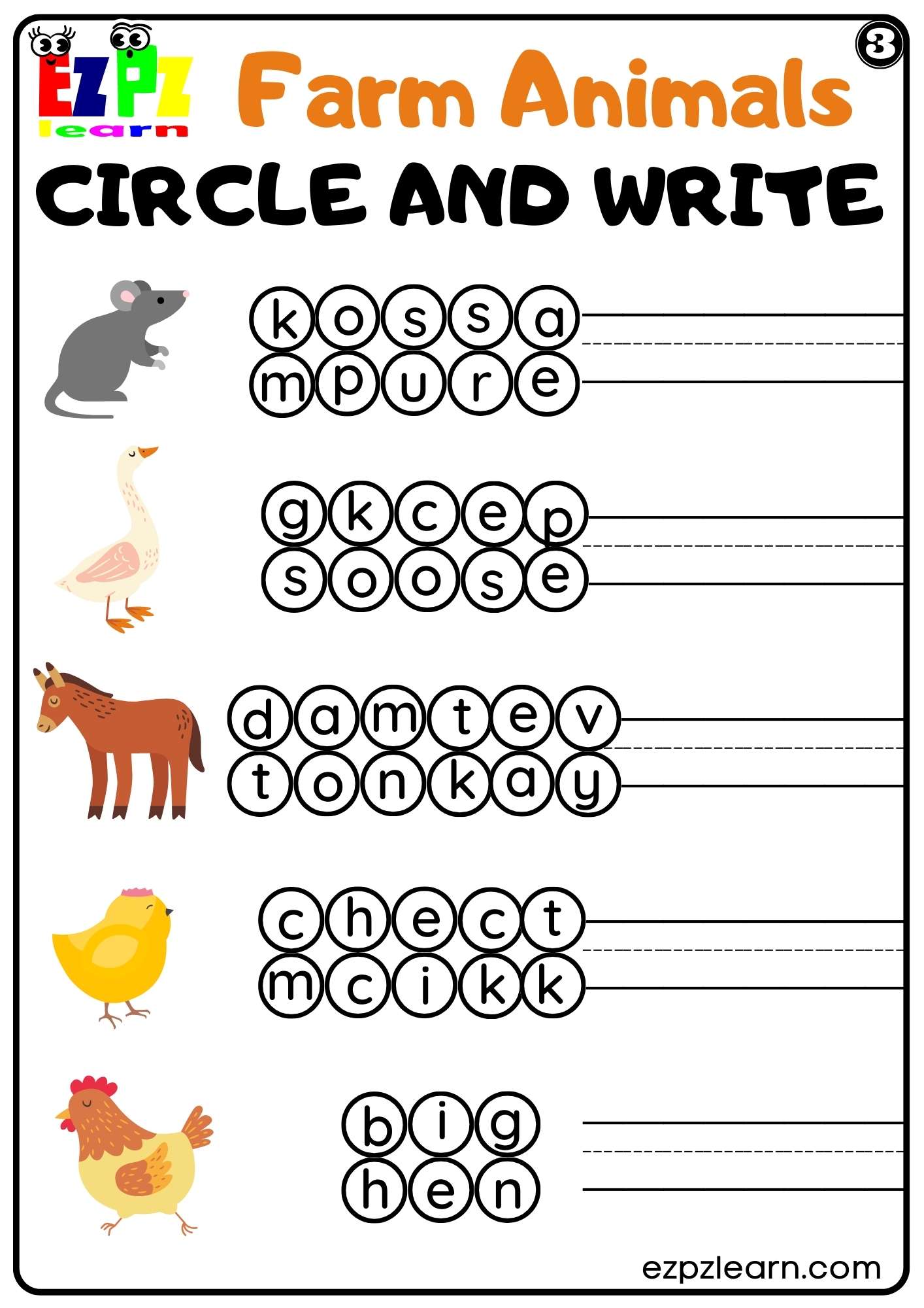 Farm Animals Circle and Write Worksheet for Kindergarten or ESL Students Free PDF Download set 3